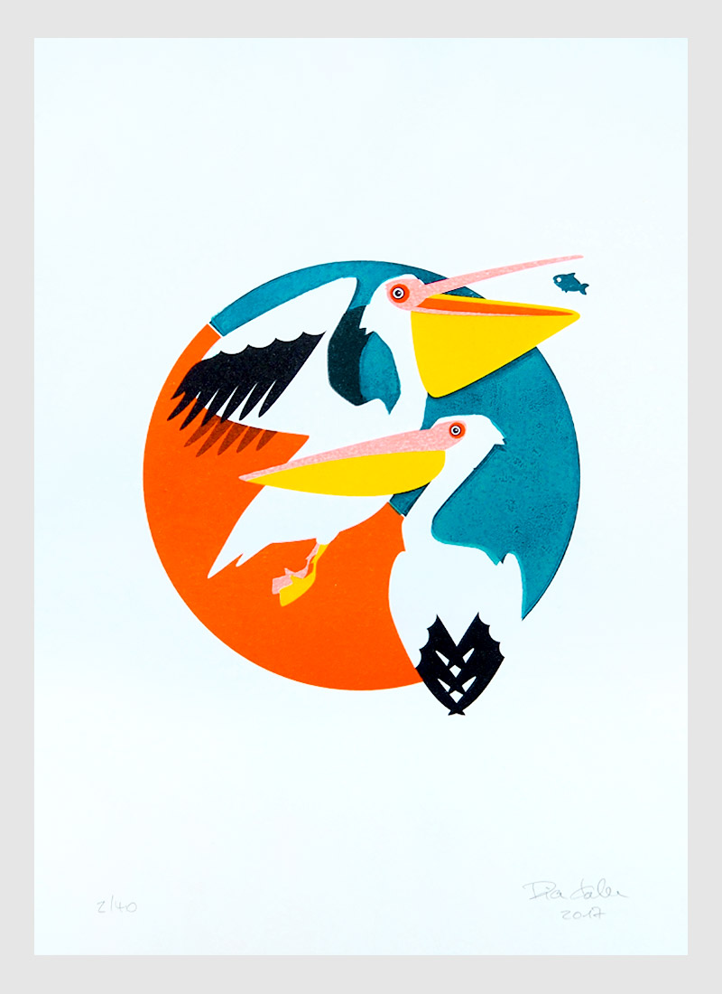 Riso print and linoleum print with two pelicans