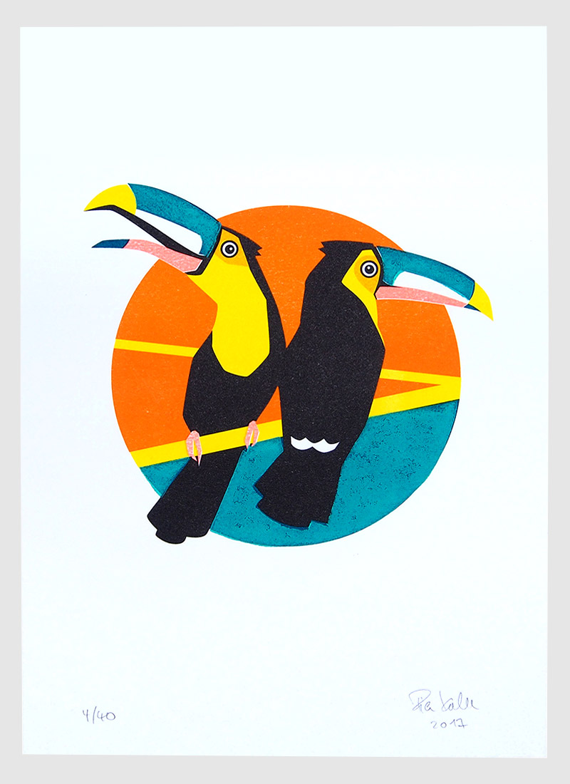 Riso print and linoleum print with two toucans