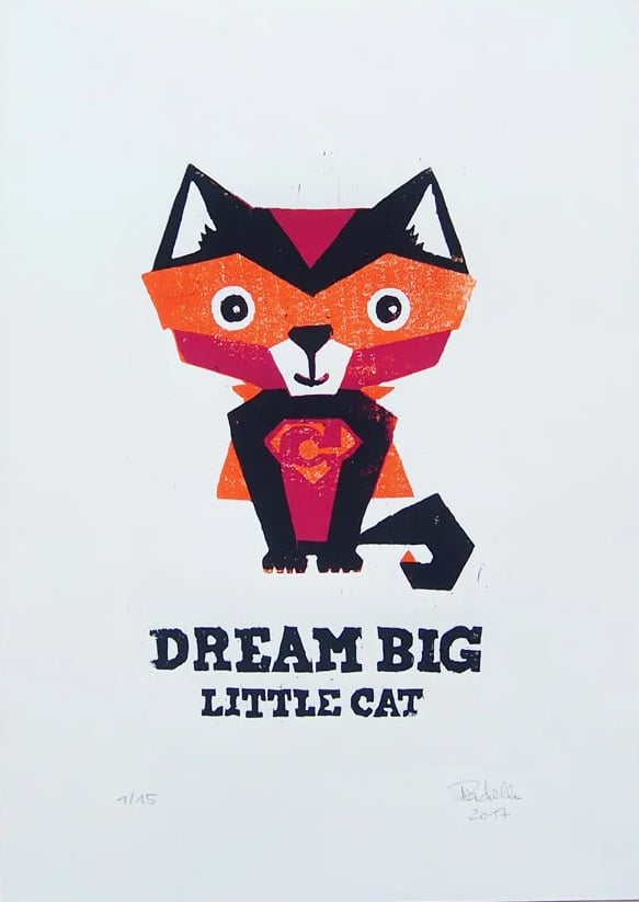 Dream Big Cat, A4 hand printed woodcut print